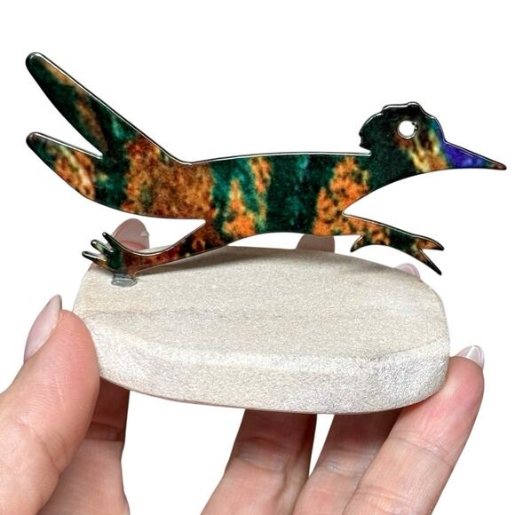 Southwest Enameled Metal Sculpture‎ Roadrunner Sandstone Base 3" Decorative Bird - Picture 1 of 10